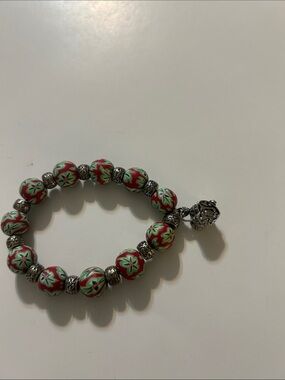 Floral Red & Green Bead Stretch Bracelet with Silver Accents
